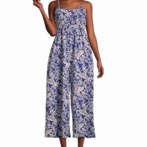 World Market Vista Palm Jumpsuit Womens Small/Med.Blue White Cotton Pockets NWOT